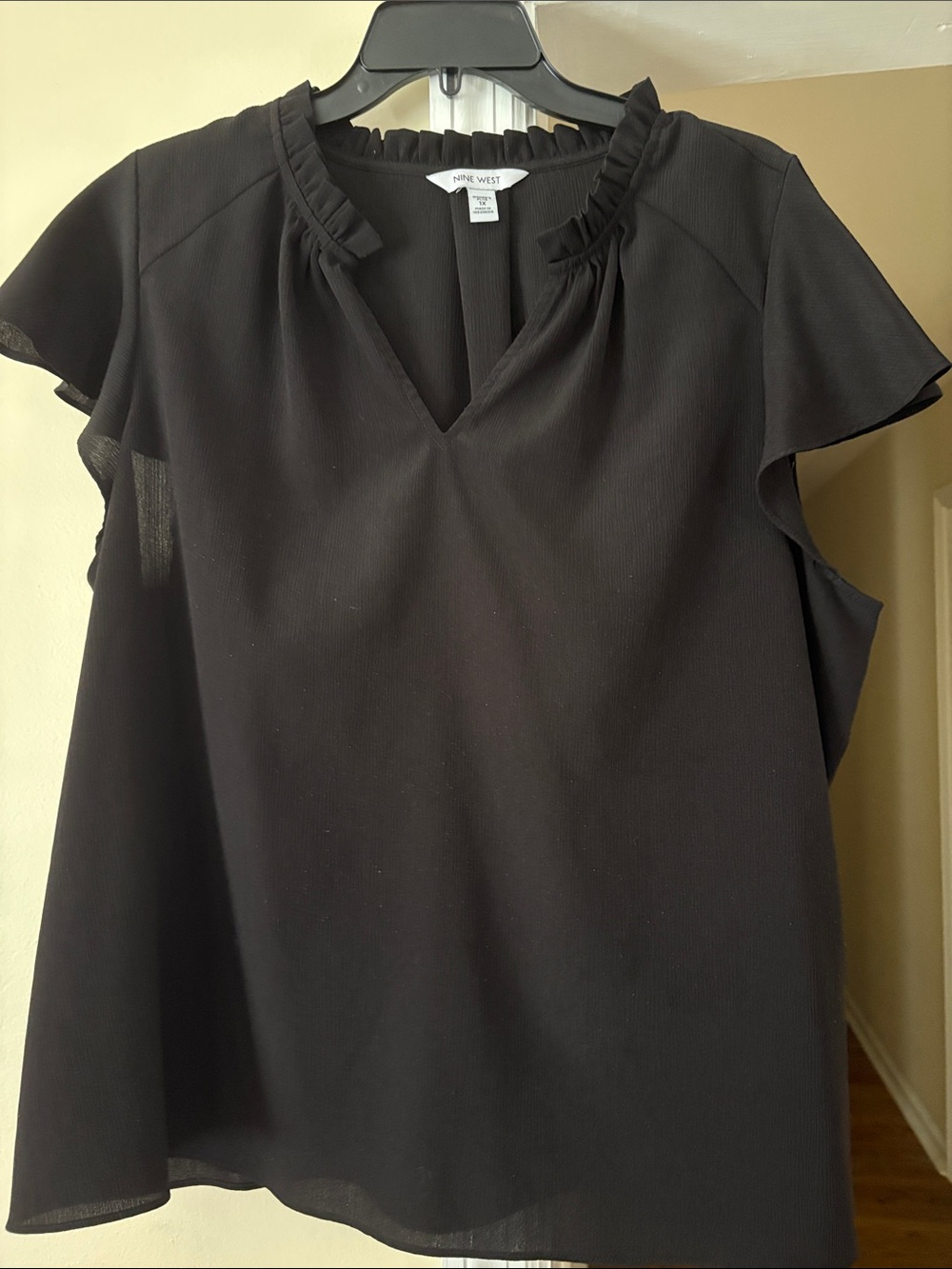 Nine West Black Ruffle Trim V-Neck Flutter Sleeve Blouse